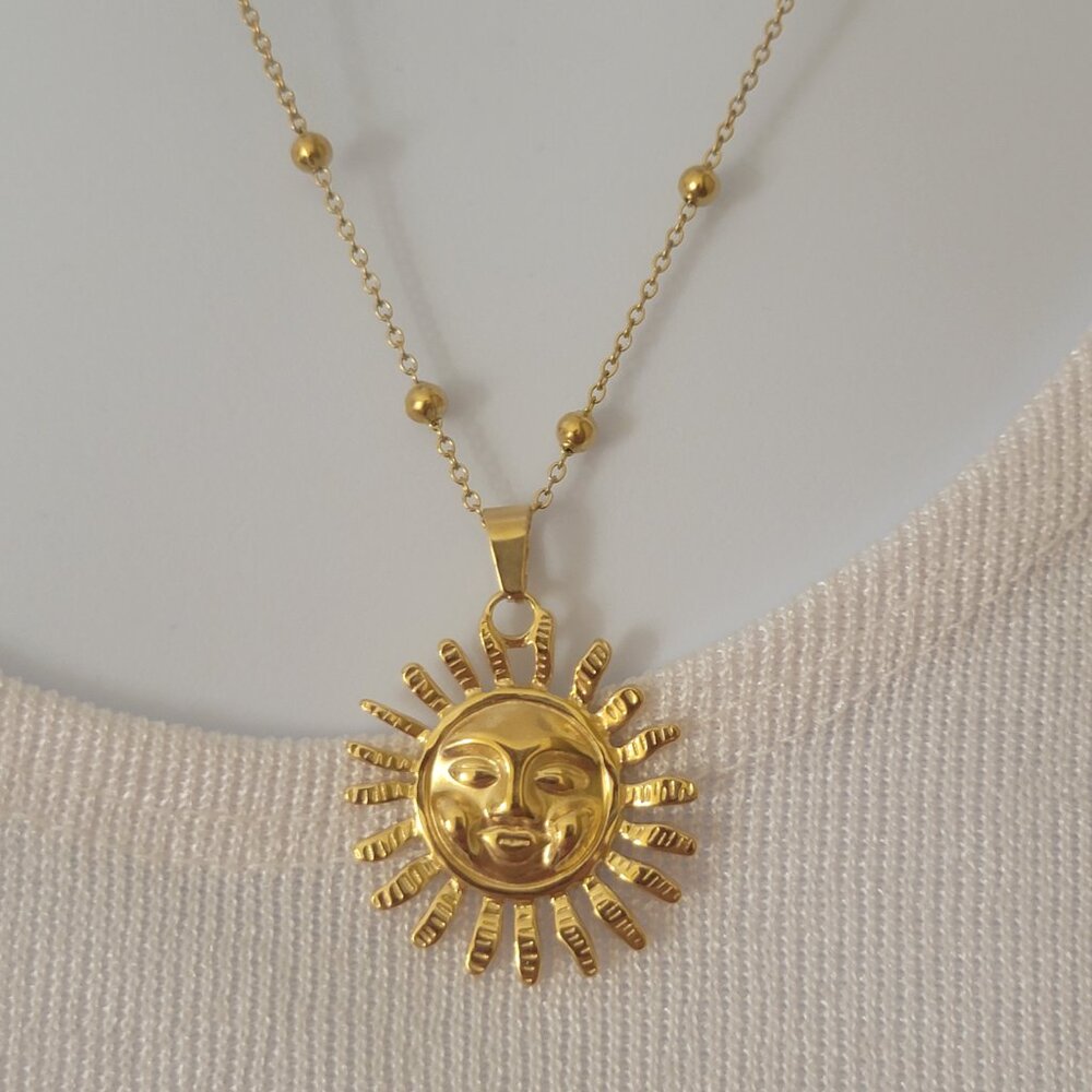 Sun Face Pendant Necklace Beaded Chain Stainless Steel 20 Inch 2 Inch Adj NEW - Picture 3 of 12